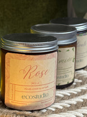 Rose Scented Candles Handmade Vegan Soy Wax Candles – Hand Poured in Sustainable Amber Glass Jars